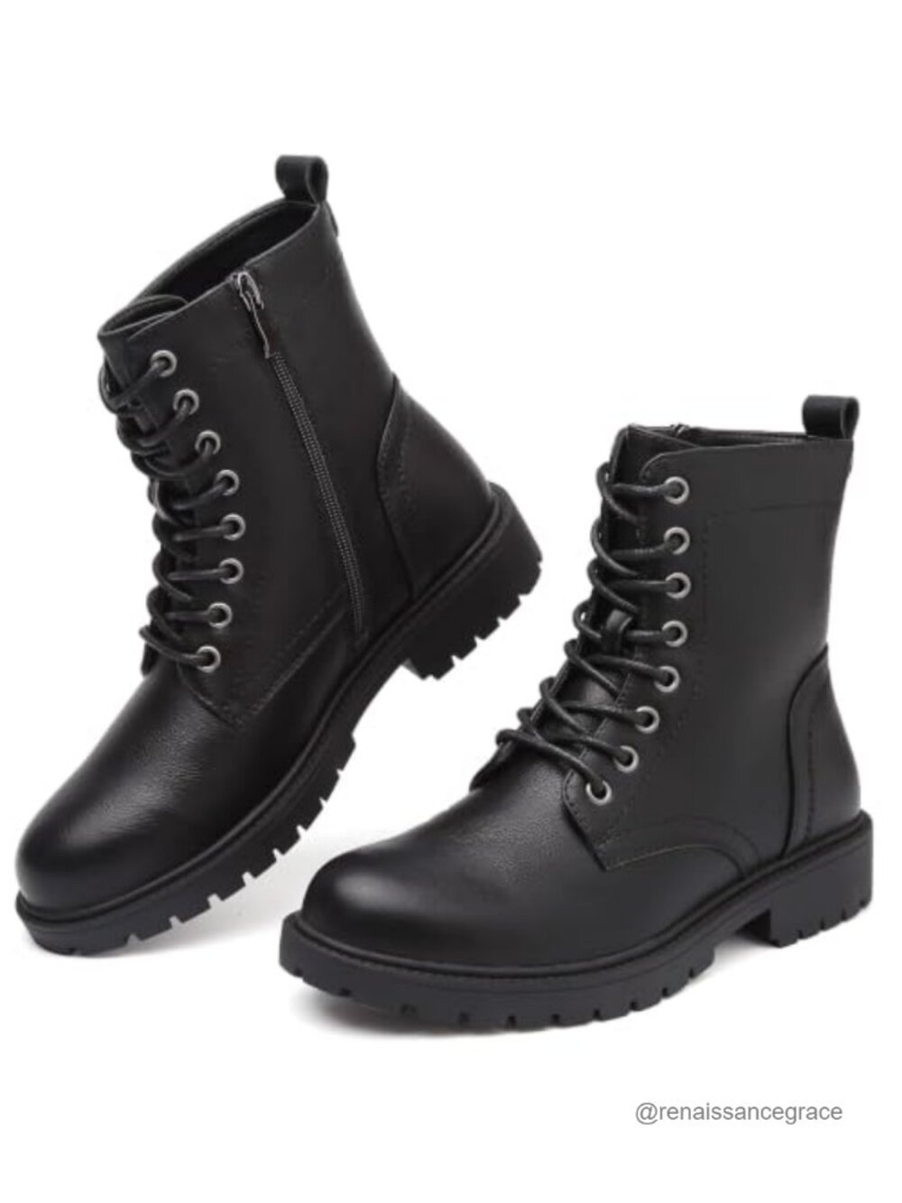 Combat Boots Lace Up Ankle Booties Side Zipper Low Heel